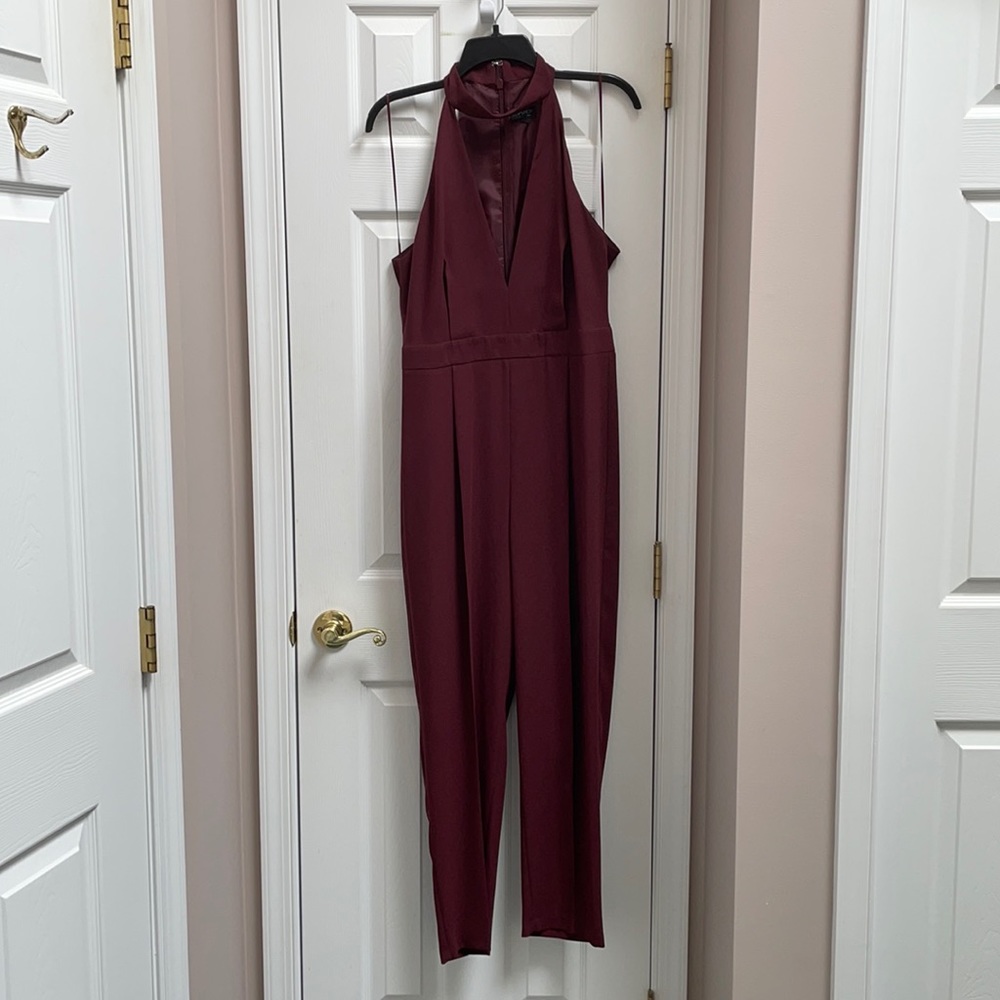Topshop Plunge V-neck Maroon Jumpsuit